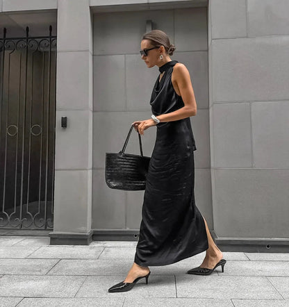 Black Satin Halter Wedding Guests Maxi Dress 4