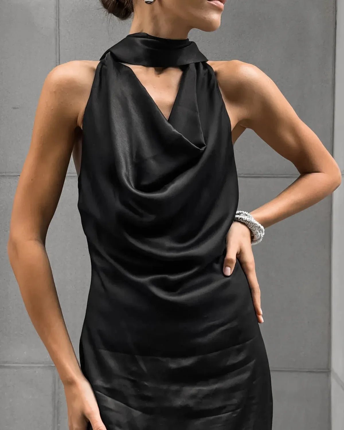 Black Satin Halter Wedding Guests Maxi Dress 5