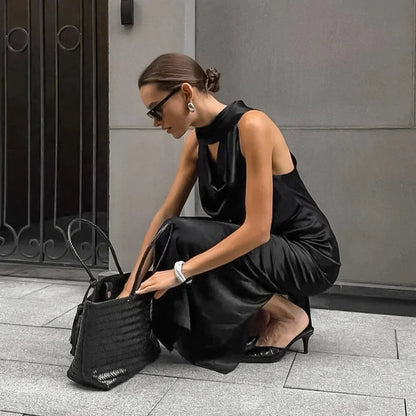 Black Satin Halter Wedding Guests Maxi Dress 6