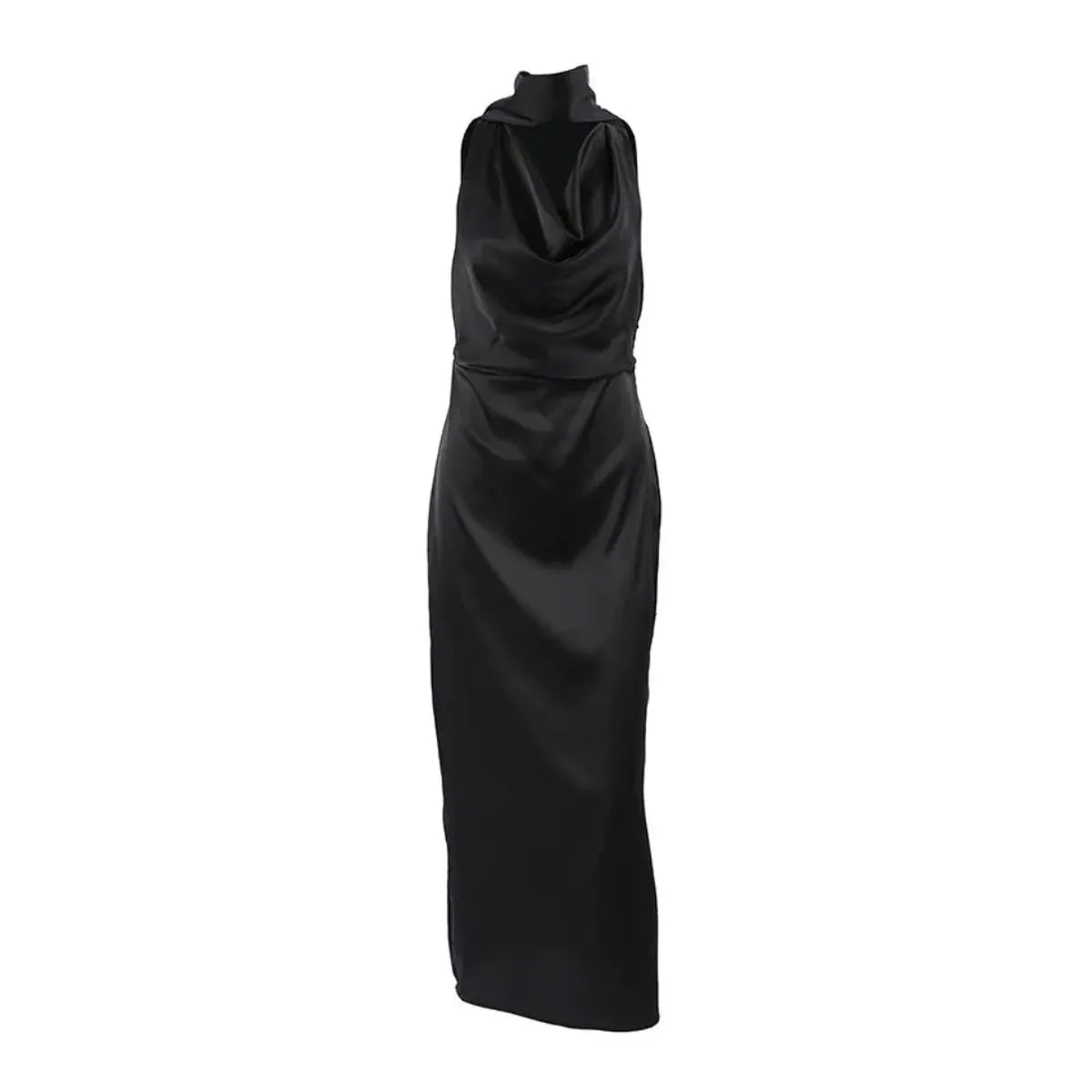 Black Satin Halter Wedding Guests Maxi Dress 7