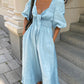 Blue Linen Blend Summer Midi Dress 0
