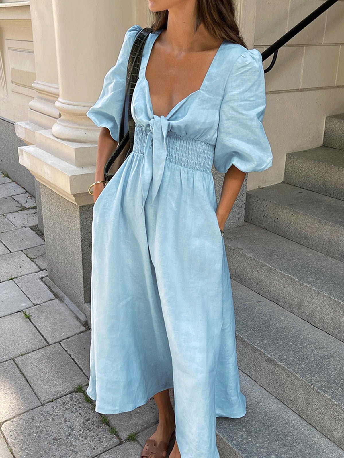 Blue Linen Blend Summer Midi Dress 0
