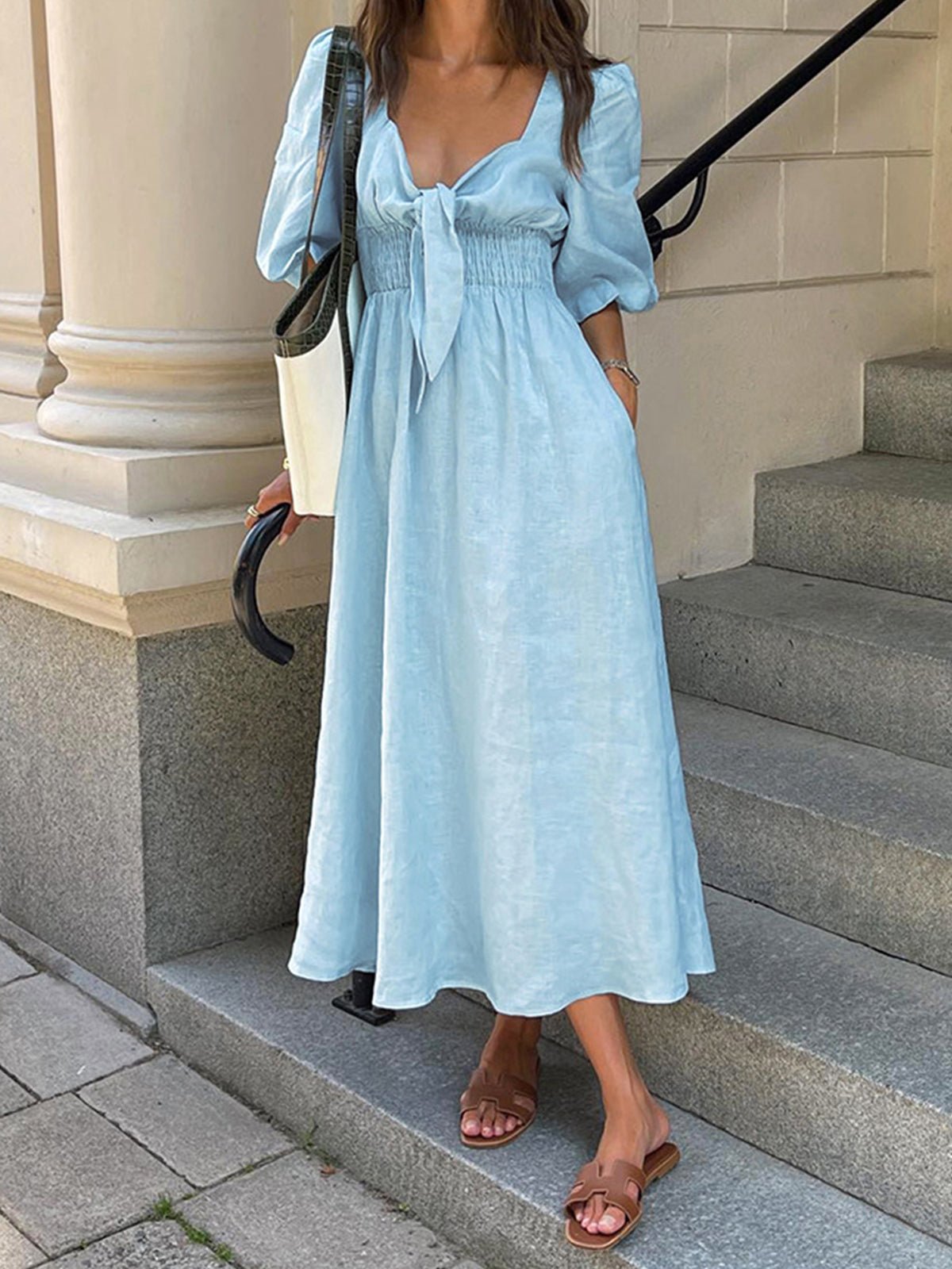 Blue Linen Blend Summer Midi Dress 1