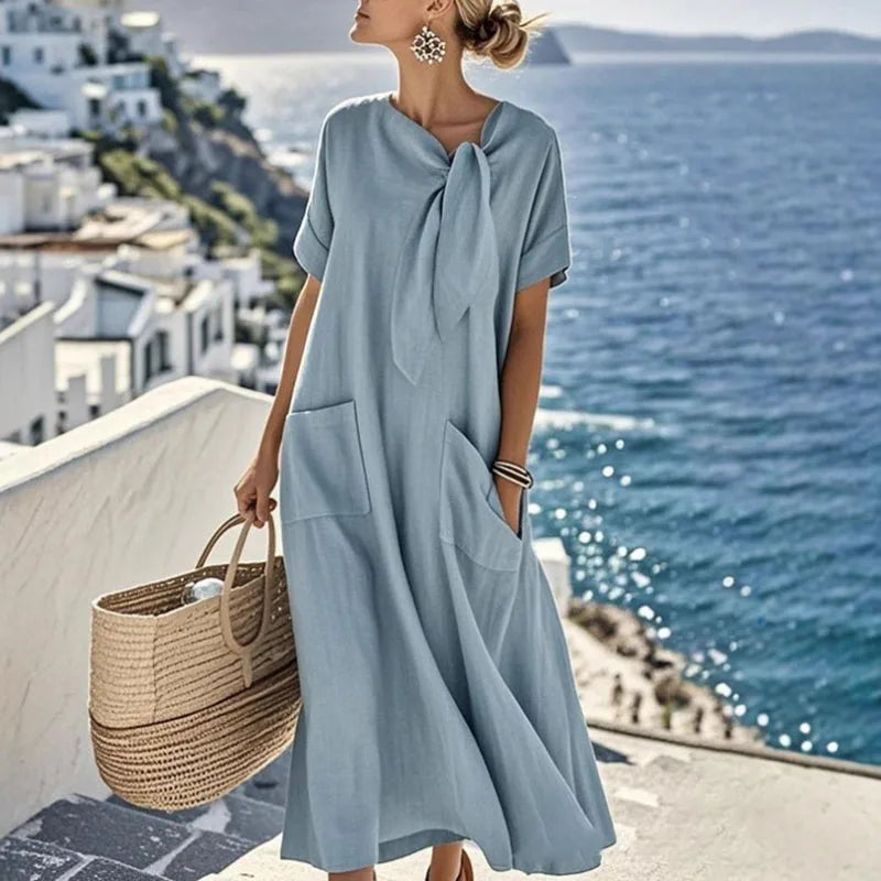 Boho Vintage Dress – Relaxed Fit with Lace-Up Detail for Casual Summer Outings 0