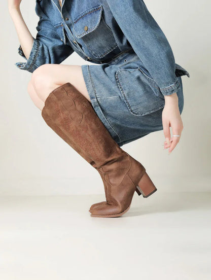 Brown Women's Knee-High Cowboy Boots 1