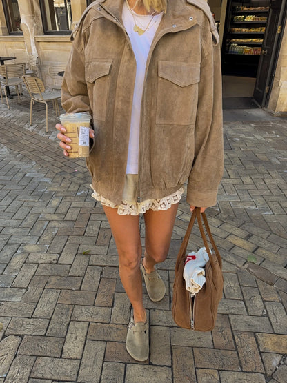 Casual Short Suede Jacket Women Fashion Chic Stand Collar Zipper Pocket Loose Outerwear Lady Autumn New Daily Highstreet Jackets 0