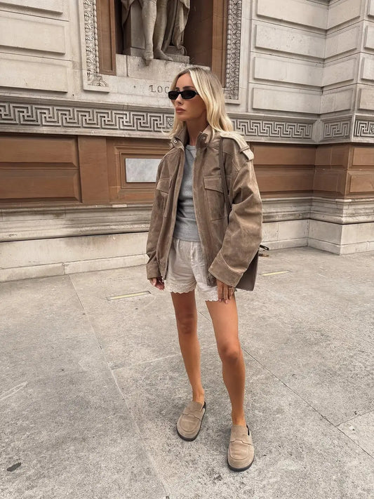 Casual Short Suede Jacket Women Fashion Chic Stand Collar Zipper Pocket Loose Outerwear Lady Autumn New Daily Highstreet Jackets 2