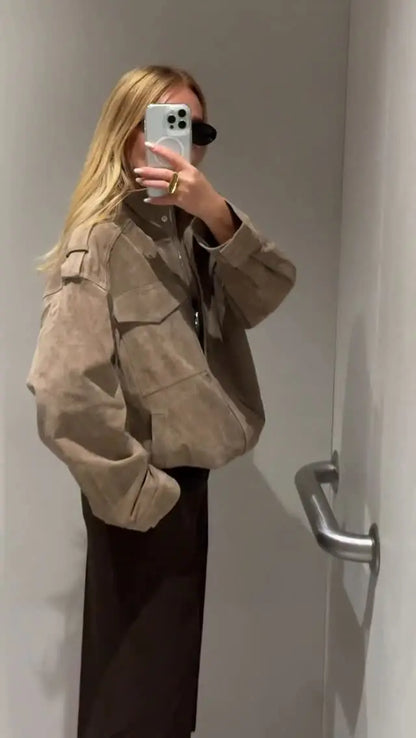 Casual Short Suede Jacket Women Fashion Chic Stand Collar Zipper Pocket Loose Outerwear Lady Autumn New Daily Highstreet Jackets 3