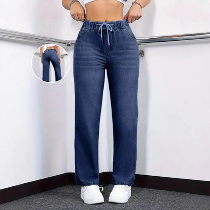 Casual Style High Waist Straight Leg Denim Jeans Women's Elastic Fabric Drawstring Waistband Comfortable Leisure Fashion 1