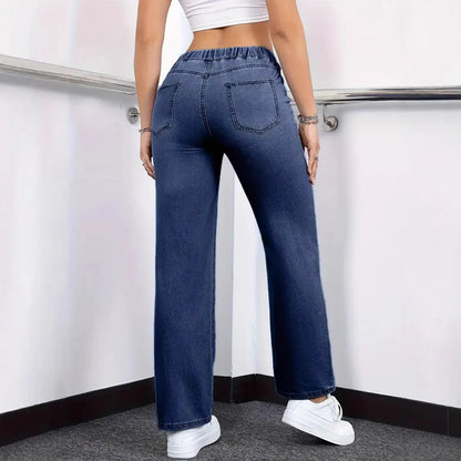Casual Style High Waist Straight Leg Denim Jeans Women's Elastic Fabric Drawstring Waistband Comfortable Leisure Fashion 2