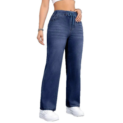Casual Style High Waist Straight Leg Denim Jeans Women's Elastic Fabric Drawstring Waistband Comfortable Leisure Fashion 4