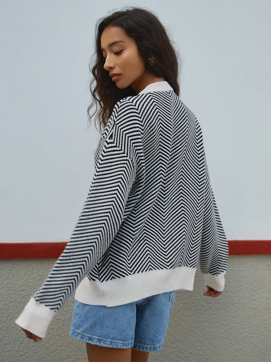 Chevron Contrast Button-Up Cardigan 1