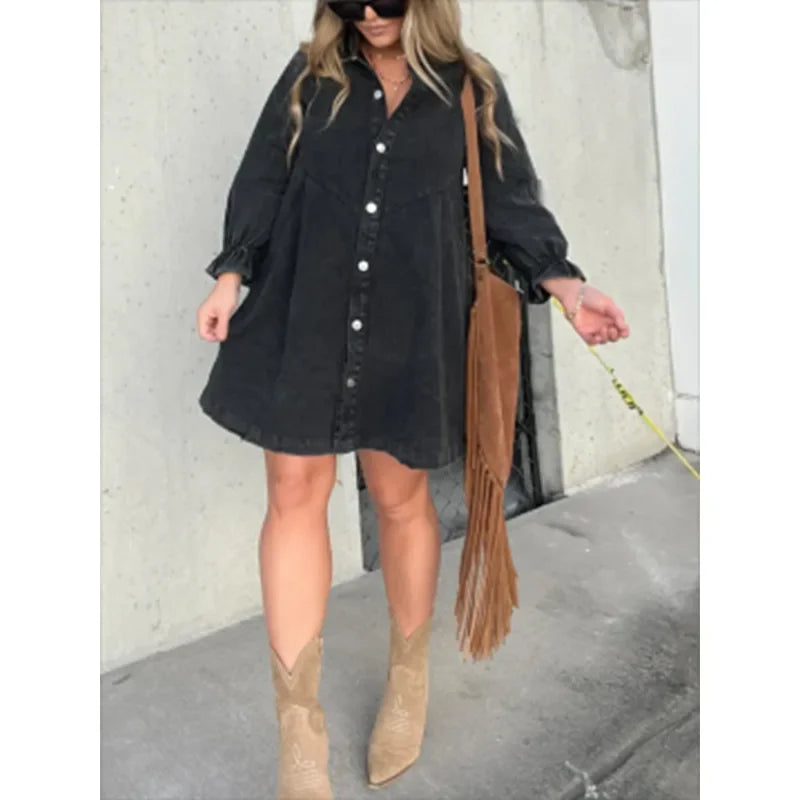 Chic Midi Dress – Stylish Lantern Sleeve A-Line for Effortless Autumn & Spring Looks 0