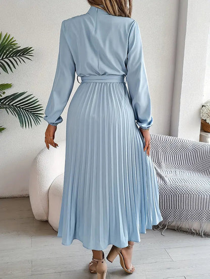 Chic Pleated Cocktail Midi Dress with Belted Waist 1