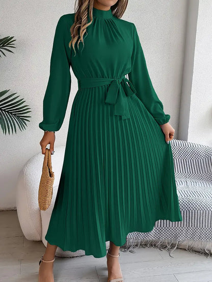 Chic Pleated Cocktail Midi Dress with Belted Waist 2
