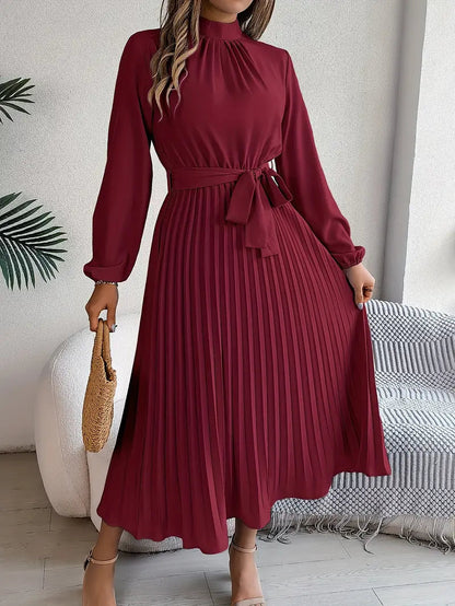 Chic Pleated Cocktail Midi Dress with Belted Waist 4