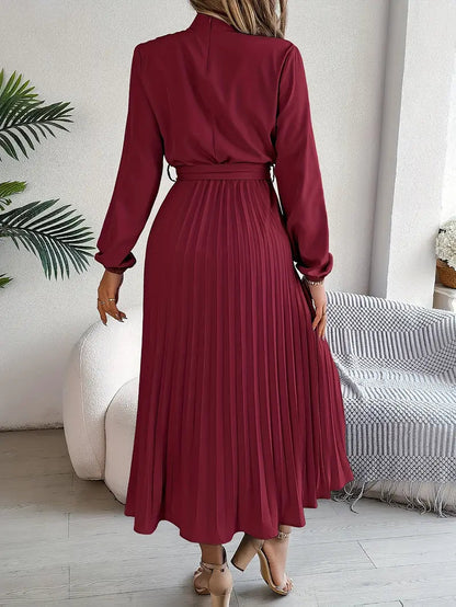 Chic Pleated Cocktail Midi Dress with Belted Waist 5