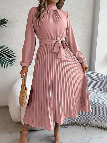 Chic Pleated Cocktail Midi Dress with Belted Waist 6