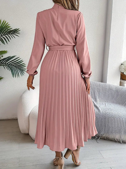Chic Pleated Cocktail Midi Dress with Belted Waist 7