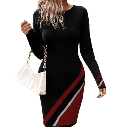 Chic Striped A-Line Dress – Elegant Long Sleeve Casual Style for Women 0