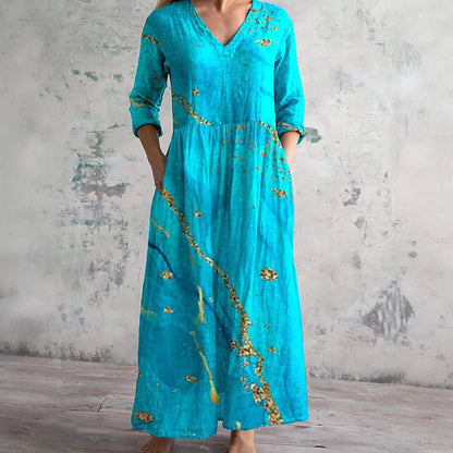 Chic V-Neck Long Sleeve Dress – Stylish Ankle Length with Pockets 0