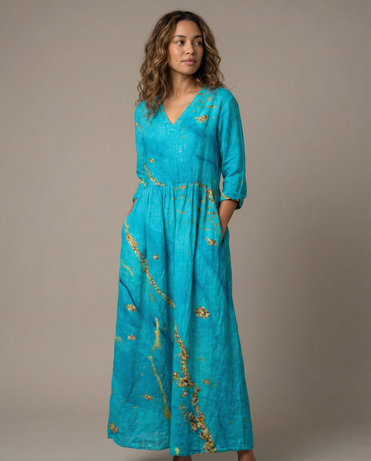 Chic V-Neck Long Sleeve Dress – Stylish Ankle Length with Pockets 1