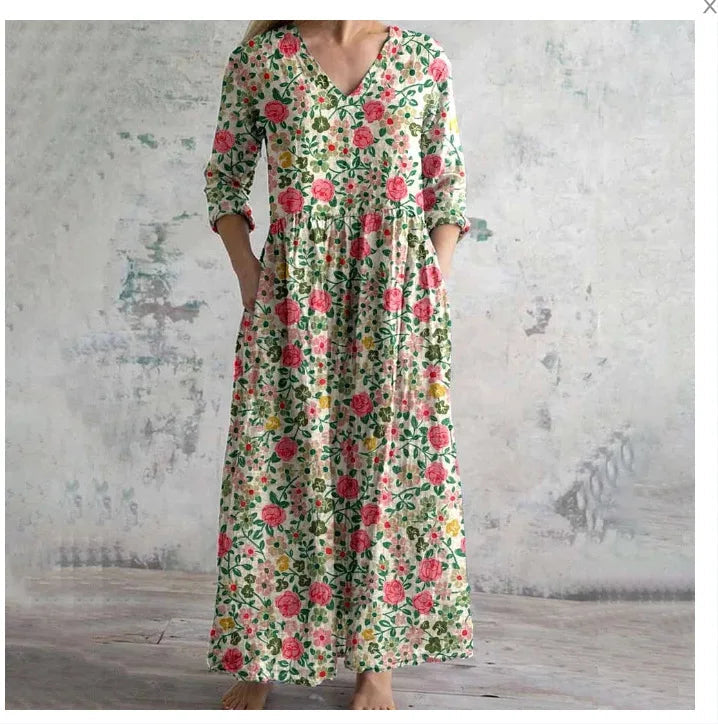 Chic V-Neck Long Sleeve Dress – Stylish Ankle Length with Pockets 10