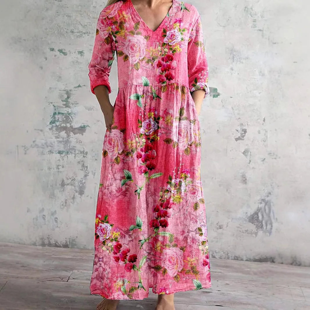 Chic V-Neck Long Sleeve Dress – Stylish Ankle Length with Pockets 4