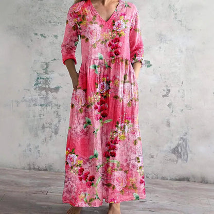 Chic V-Neck Long Sleeve Dress – Stylish Ankle Length with Pockets 4