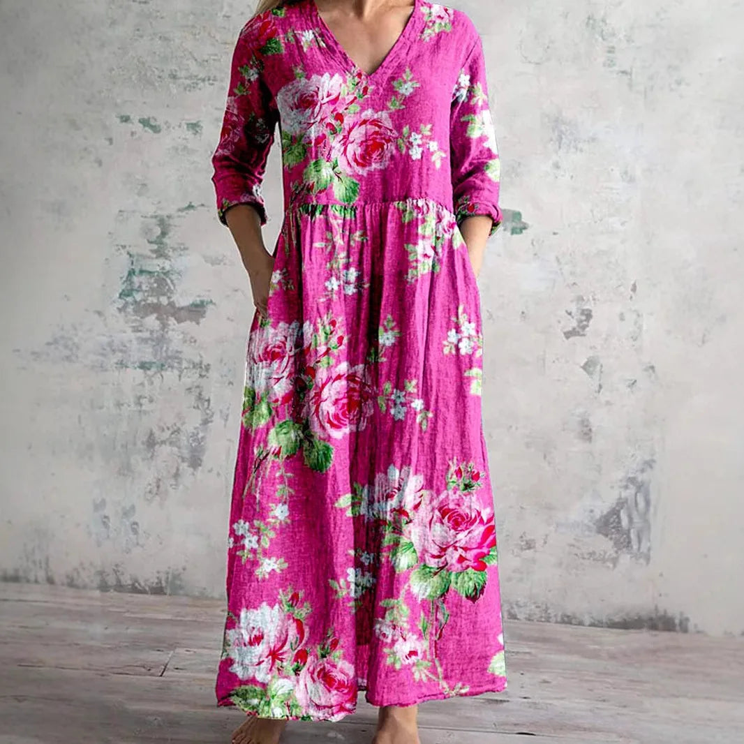 Chic V-Neck Long Sleeve Dress – Stylish Ankle Length with Pockets 5