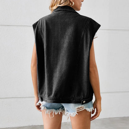 Classic Fashion Denim Vest For Women Sleeveless Casual Loose Jeans Jackets Street Hipster Female Clothing Lapel Button Top   ﻿ 3