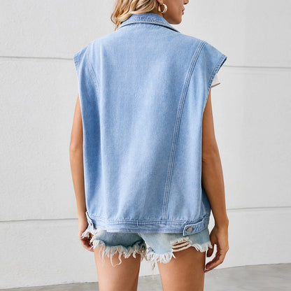 Classic Fashion Denim Vest For Women Sleeveless Casual Loose Jeans Jackets Street Hipster Female Clothing Lapel Button Top   ﻿ 4