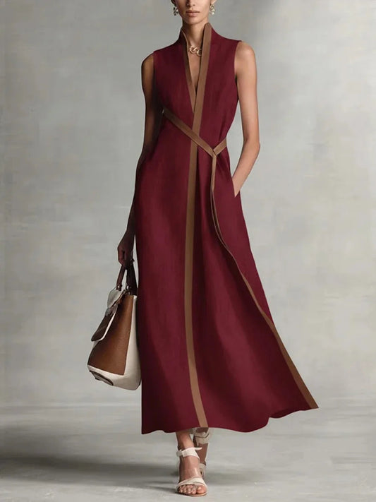 Contrast Color Long Dress – Chic Sleeveless Lace-Up Summer Style 0