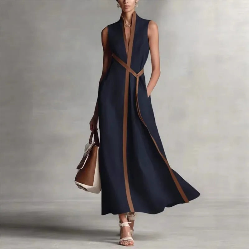Contrast Color Long Dress – Chic Sleeveless Lace-Up Summer Style 2