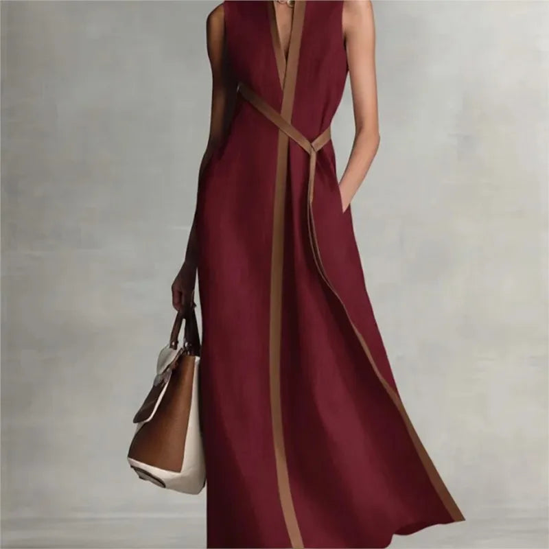 Contrast Color Long Dress – Chic Sleeveless Lace-Up Summer Style 3