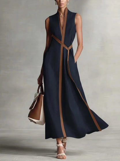 Contrast Color Long Dress – Chic Sleeveless Lace-Up Summer Style 9