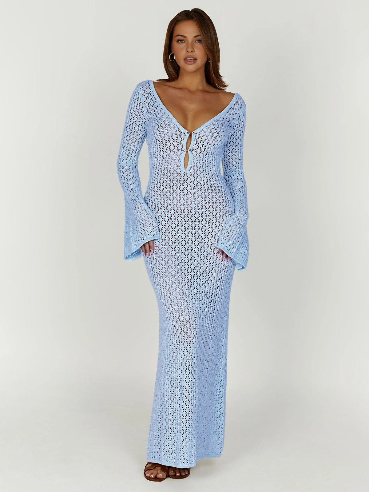 Crochet Long Sleeve Beach Cover Up Dress 9