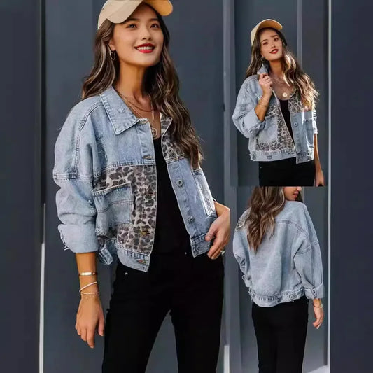 Cross-Border Amazon Denim Jacket Women's Long Sleeve Standalone European and American Style Denim Coat Women's Leopard Printed 0