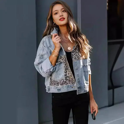 Cross-Border Amazon Denim Jacket Women's Long Sleeve Standalone European and American Style Denim Coat Women's Leopard Printed 3