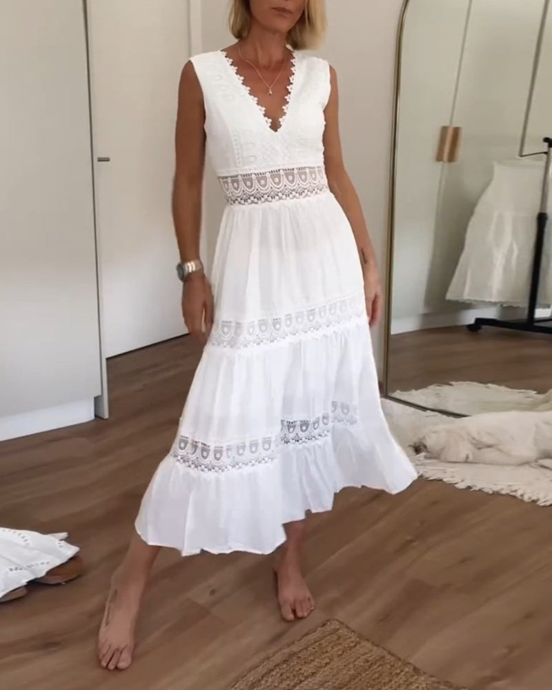 Cute Airy White Summer Midi dress with lace and V-neck 0
