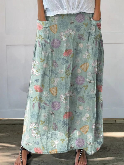 Daisy™ | Blooming Spring Floral And Bumble Bee Pattern Printed Pocket Skirt 0