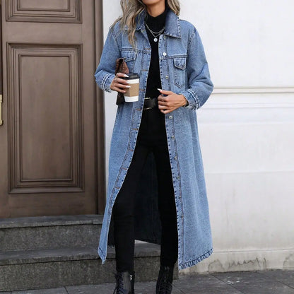 Denim Coats Moto Biker Jeans for Women Long Jackets Pocket Long Sleeves Single Breasted Loose Casual Y2k 2025 Autumn Winter 0