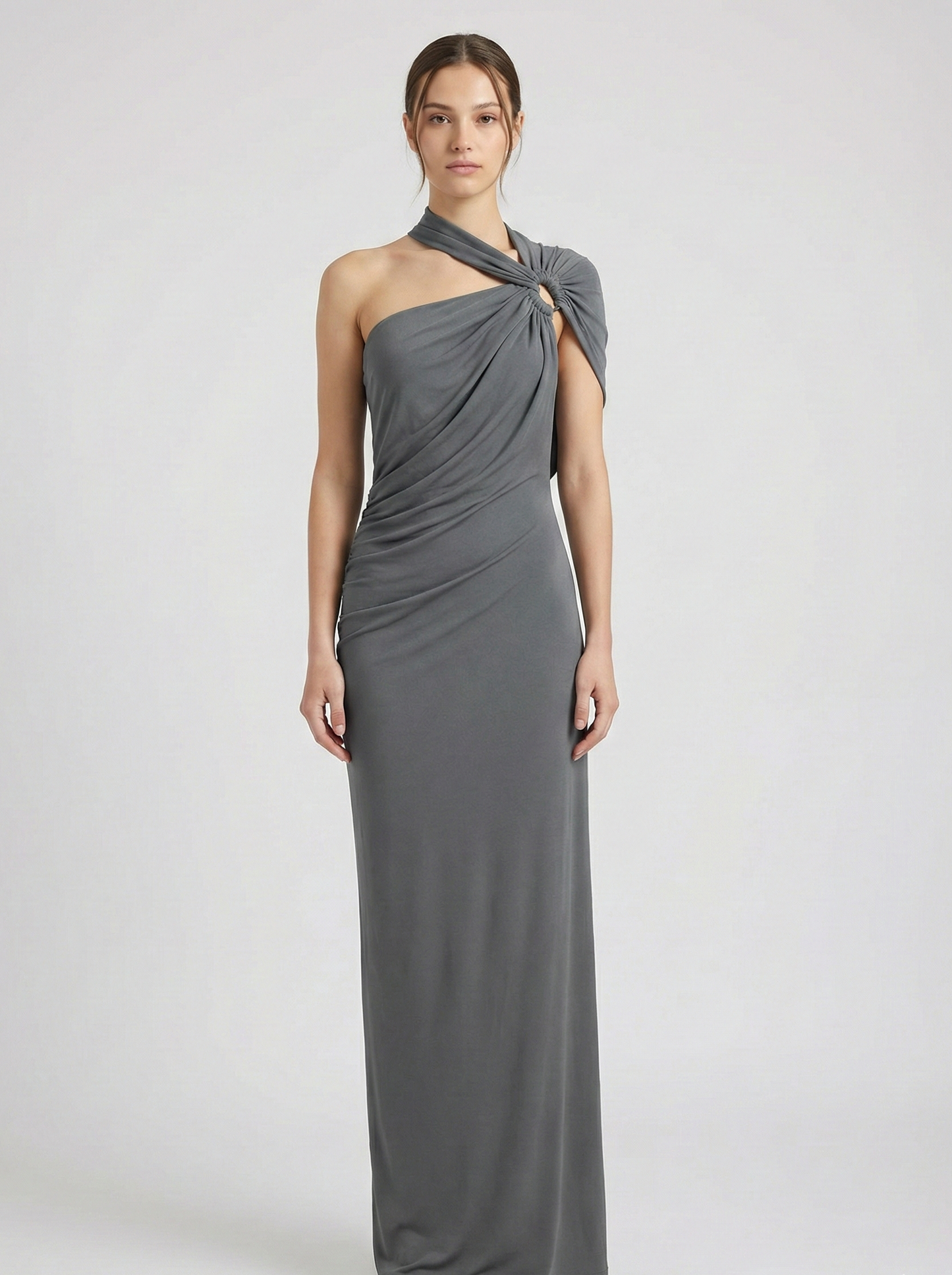 Draped One Shoulder Maxi Dress with Sculpted Silhouette 0