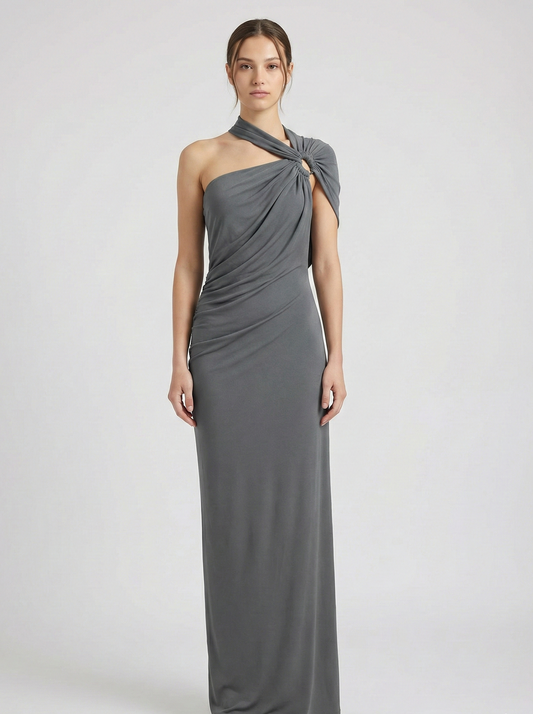 Draped One Shoulder Maxi Dress with Sculpted Silhouette 0