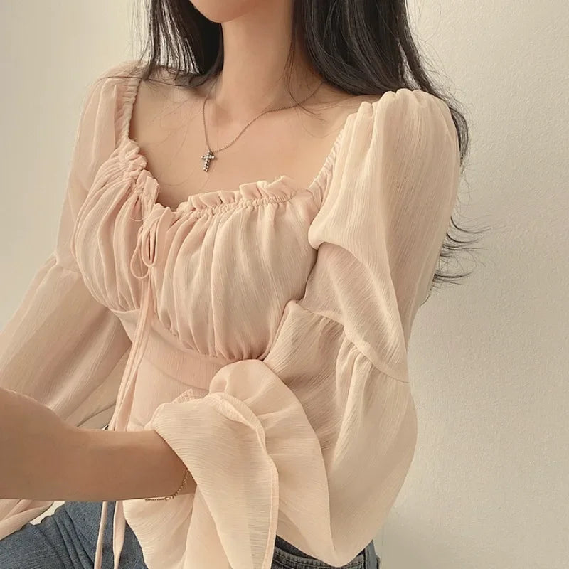 Early Autumn French Style Short Crop Top Shirt Women's Fashion Belted Bell Sleeve Square Collar Chiffon Blouse with Bow Tie 0