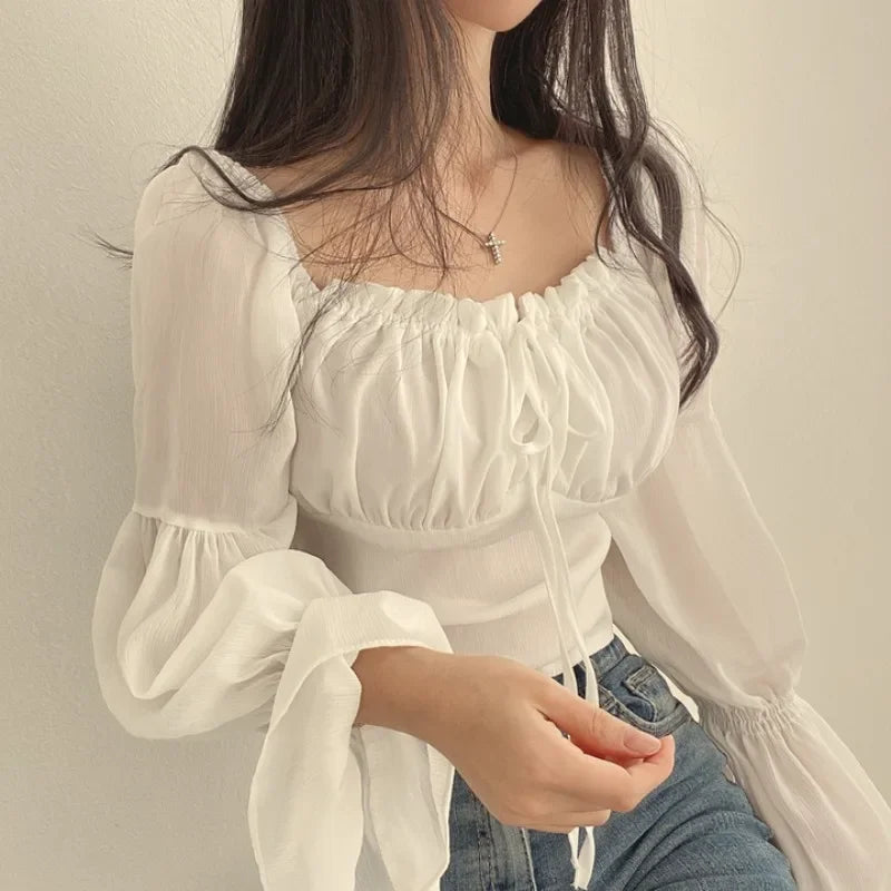 Early Autumn French Style Short Crop Top Shirt Women's Fashion Belted Bell Sleeve Square Collar Chiffon Blouse with Bow Tie 1