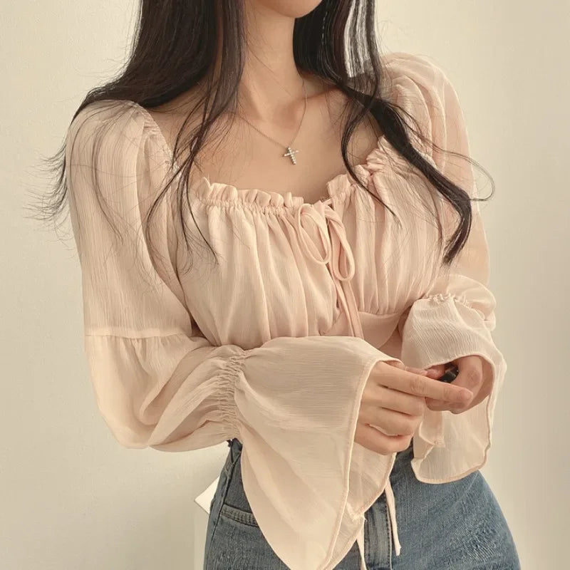 Early Autumn French Style Short Crop Top Shirt Women's Fashion Belted Bell Sleeve Square Collar Chiffon Blouse with Bow Tie 2