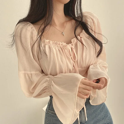 Early Autumn French Style Short Crop Top Shirt Women's Fashion Belted Bell Sleeve Square Collar Chiffon Blouse with Bow Tie 2
