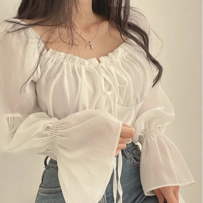 Early Autumn French Style Short Crop Top Shirt Women's Fashion Belted Bell Sleeve Square Collar Chiffon Blouse with Bow Tie 3