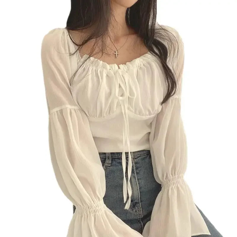 Early Autumn French Style Short Crop Top Shirt Women's Fashion Belted Bell Sleeve Square Collar Chiffon Blouse with Bow Tie 4